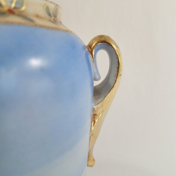 Antique Nippon 8.75" Vase Hand Painted Winter Scene Blue White Gold Tone Handles - Picture 10 of 16